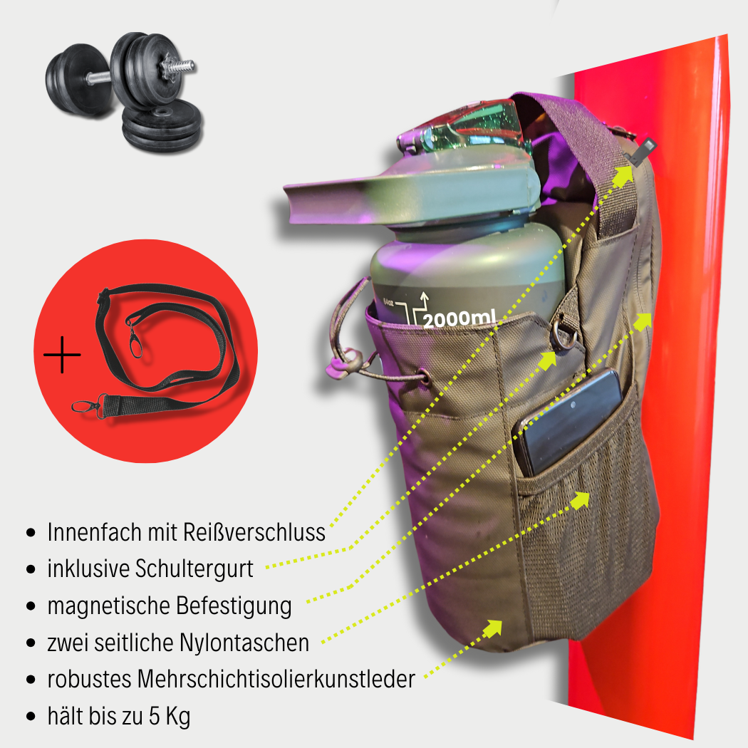 MagneticX Tasche mit Icons und Vorteilen – ideale Lösung für Gym, Reisen & Alltag mit starker Magnetbefestigung.