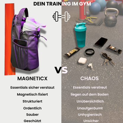 Ordnung vs. Chaos – Vergleichsbild zeigt, wie die MagneticX Tasche mit Magnetfunktion für Struktur und schnellen Zugriff sorgt.